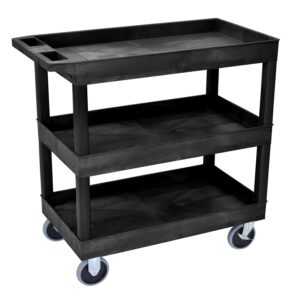 luxor ec111hd-b utility tub cart, 32" x 18", three shelves with 125 lbs. capacity per shelf, ergonomic push handle, black