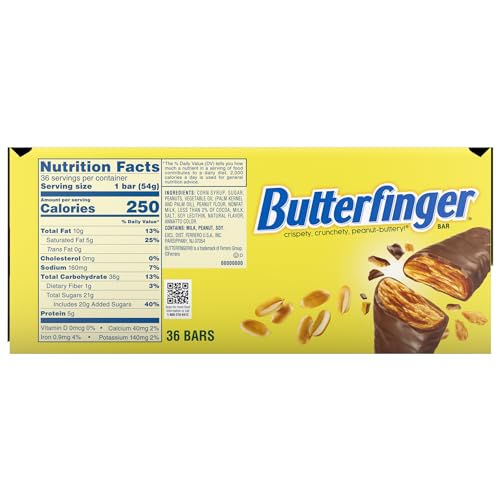 Butterfinger, Bulk 36 Pack, Chocolatey, Peanut-Buttery, Full Size Individually Wrapped Candy Bars, 1.9 oz Each