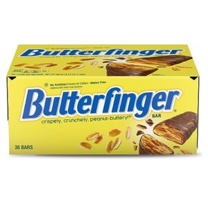 butterfinger, bulk 36 pack, chocolatey, peanut-buttery, full size individually wrapped candy bars, 1.9 oz each