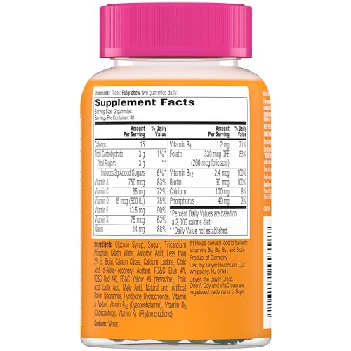 One A Day Teen for Her Multivitamin Gummies, Gummy Multivitamins with Vitamin A, C, D, E and Zinc for Immune Health Support, Physical Energy & more, 60 Count