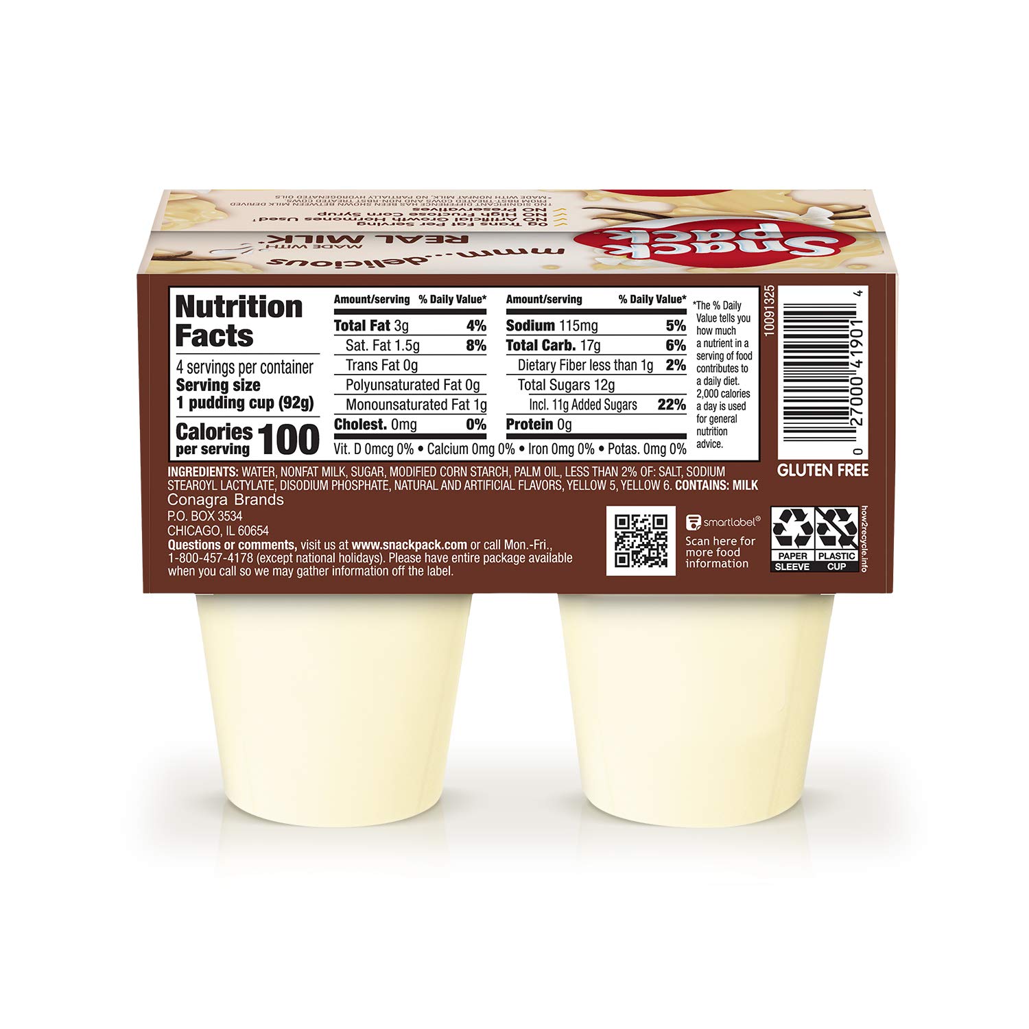 Snack Pack Vanilla Flavored Pudding, 4 Count Pudding Cups