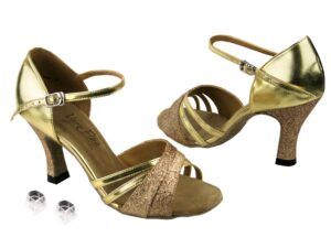 very fine ladies women ballroom dance shoes ek6030 gold stardust & gold leather 2.5" heel (8.5m)