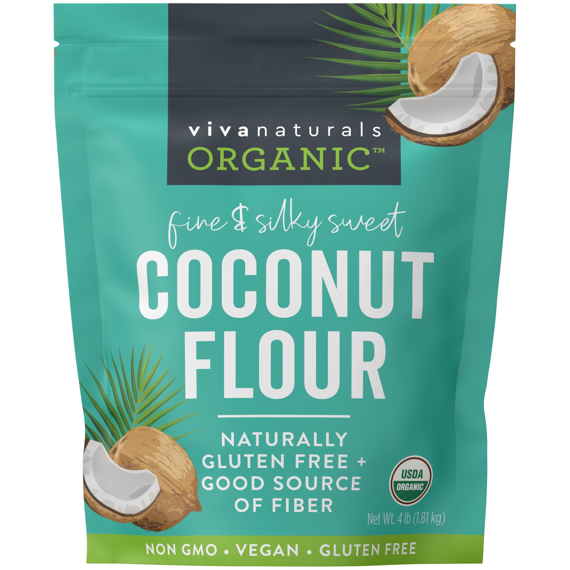 Viva Naturals Organic Coconut Flour (4 lbs) - Gluten Free Flour Substitute for Keto, Paleo and Vegan Baking, Low Fat and Fiber-Rich Coconut Baking Flour, Non-GMO, Unbleached and Unrefined, 1.81 kg