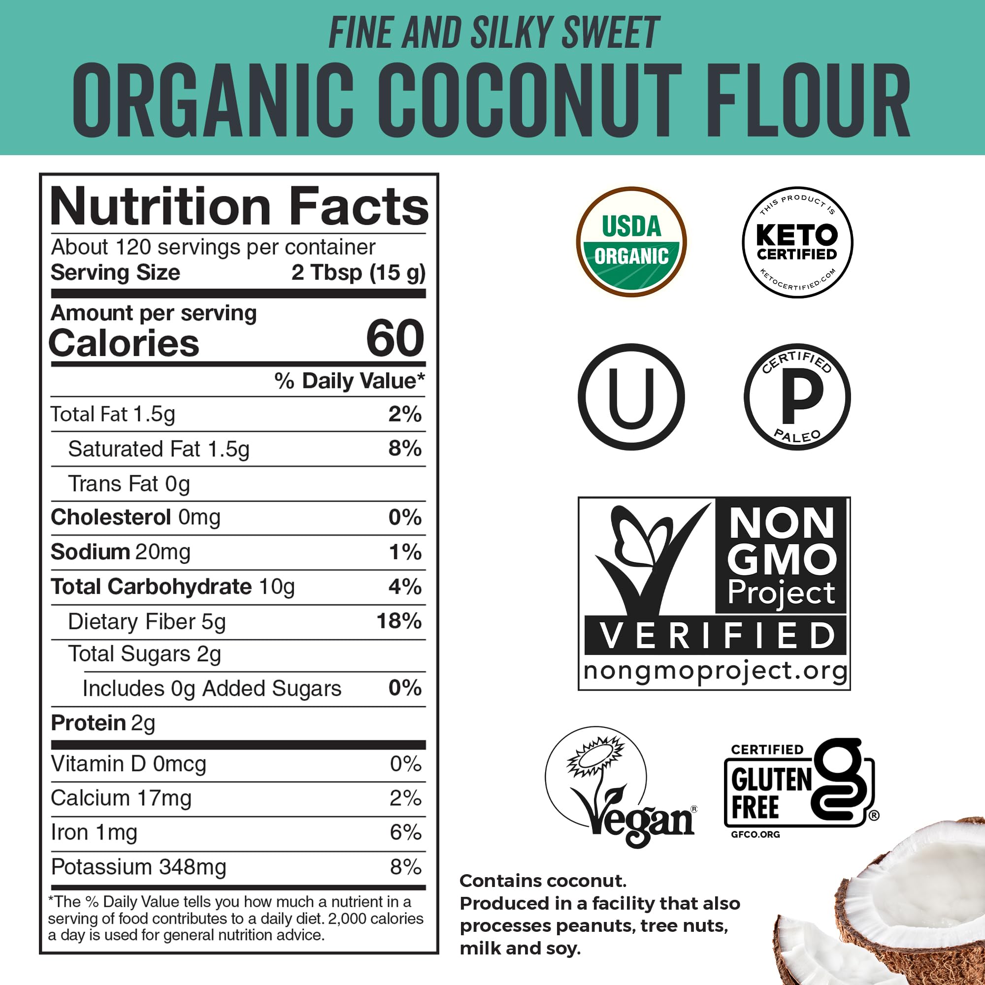 Viva Naturals Organic Coconut Flour (4 lbs) - Gluten Free Flour Substitute for Keto, Paleo and Vegan Baking, Low Fat and Fiber-Rich Coconut Baking Flour, Non-GMO, Unbleached and Unrefined, 1.81 kg