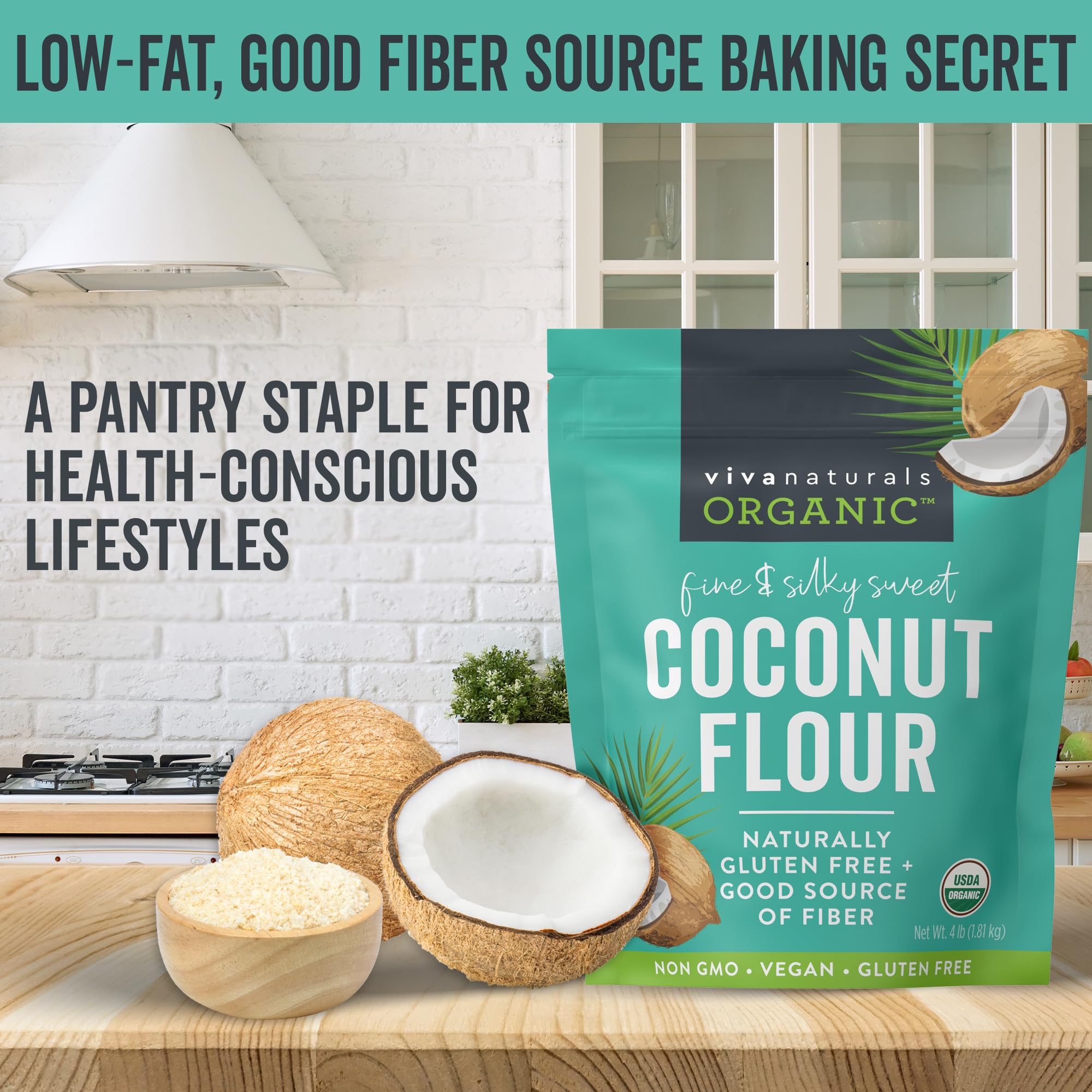 Viva Naturals Organic Coconut Flour (4 lbs) - Gluten Free Flour Substitute for Keto, Paleo and Vegan Baking, Low Fat and Fiber-Rich Coconut Baking Flour, Non-GMO, Unbleached and Unrefined, 1.81 kg