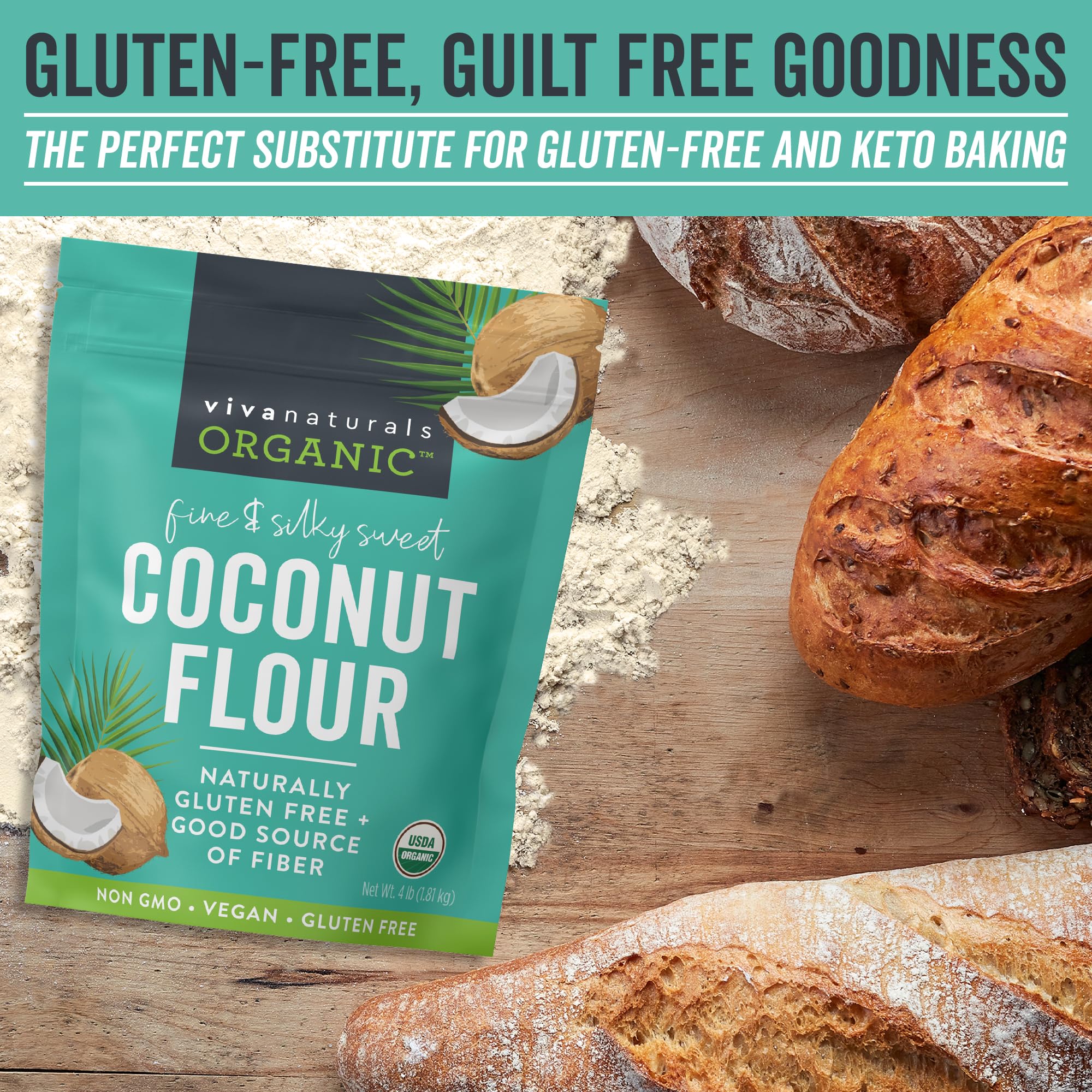 Viva Naturals Organic Coconut Flour (4 lbs) - Gluten Free Flour Substitute for Keto, Paleo and Vegan Baking, Low Fat and Fiber-Rich Coconut Baking Flour, Non-GMO, Unbleached and Unrefined, 1.81 kg