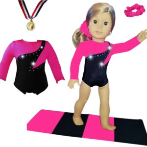 Sparkling Success: 2024 American Doll Girl Pink Gymnastics Doll Clothes Set with Leotard, Mat, Olympic Medal and Hair Accessory. 4 PCS in All! Doll Not Included