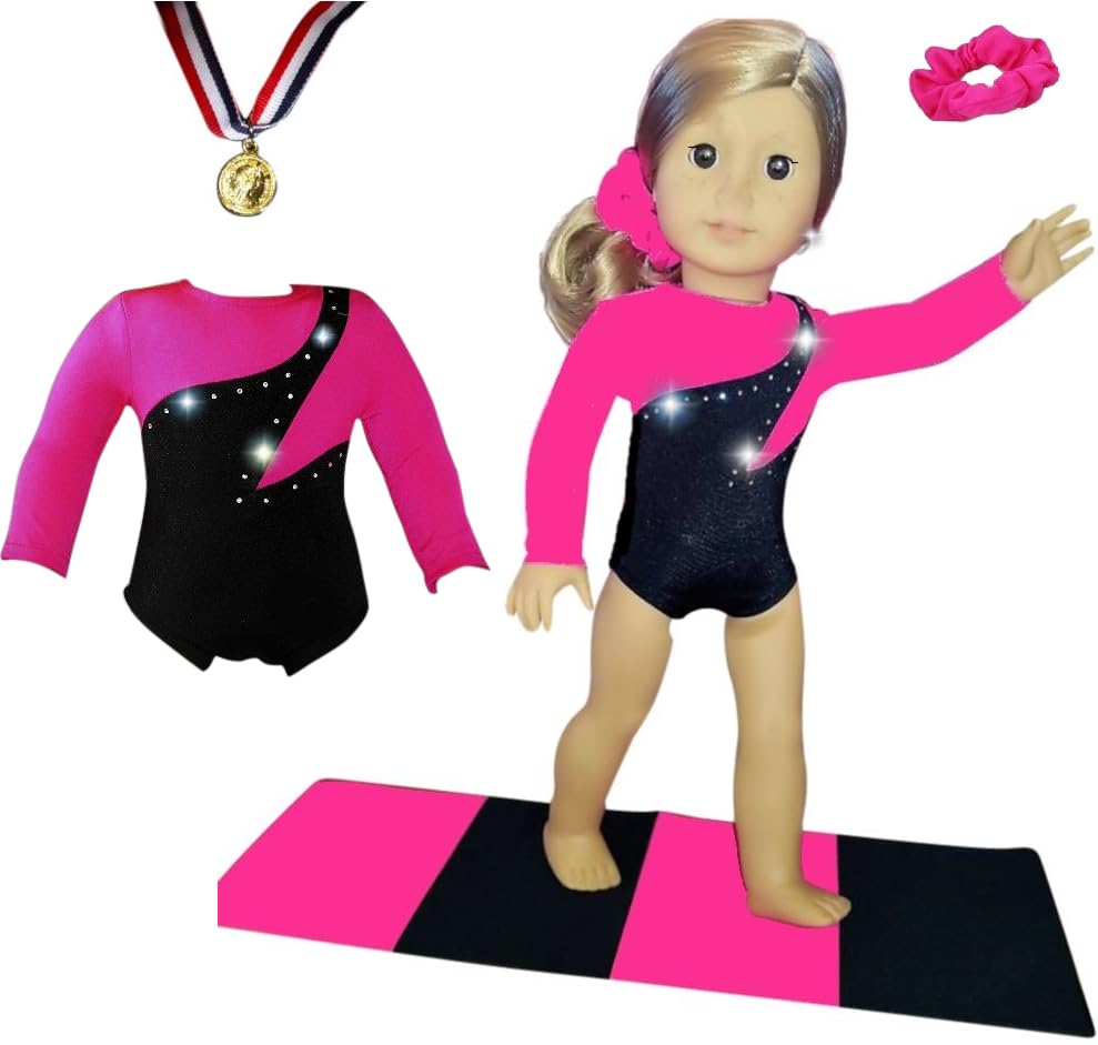 Sparkling Success: 2024 American Doll Girl Pink Gymnastics Doll Clothes Set with Leotard, Mat, Olympic Medal and Hair Accessory. 4 PCS in All! Doll Not Included