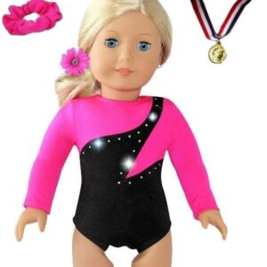 Sparkling Success: 2024 American Doll Girl Pink Gymnastics Doll Clothes Set with Leotard, Mat, Olympic Medal and Hair Accessory. 4 PCS in All! Doll Not Included