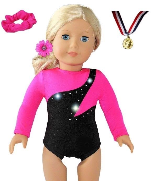 Sparkling Success: 2024 American Doll Girl Pink Gymnastics Doll Clothes Set with Leotard, Mat, Olympic Medal and Hair Accessory. 4 PCS in All! Doll Not Included