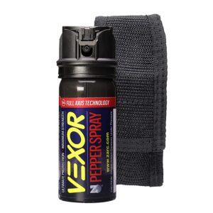 vexor self defense pepper spray with holster maximum police strength, 20-foot range, full axis (360°) capability, flip top safety for accurate aim, protection for women and men, zarc international.