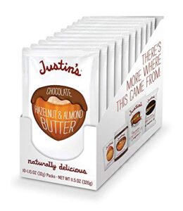 justin's chocolate hazelnut & almond butter squeeze pack, organic cocoa, gluten-free, responsibly sourced, packaging may vary, 1.15 ounce (pack of 10)