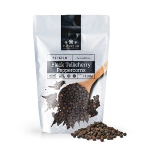 the spice lab - black tellicherry peppercorns for grinder packed in the usa - steam sterilized kosher non-gmo all natural black pepper 5015 (1 lb resealable bag)