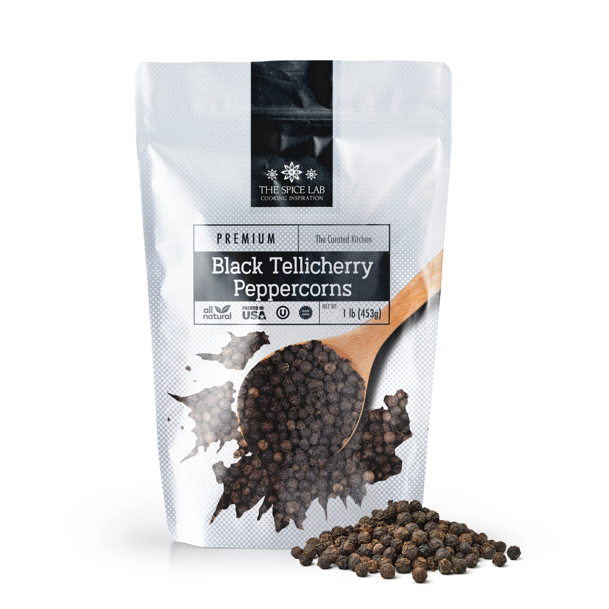 The Spice Lab - Black Tellicherry Peppercorns for Grinder Packed in the USA - Steam Sterilized Kosher Non-GMO All Natural Black Pepper 5015 (1 lb Resealable Bag)