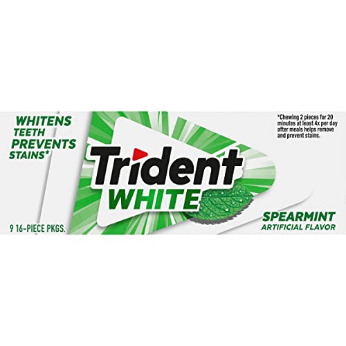 Trident White Spearmint Sugar Free Gum, 9 Pack of 16 Pieces (144 Total Pieces)