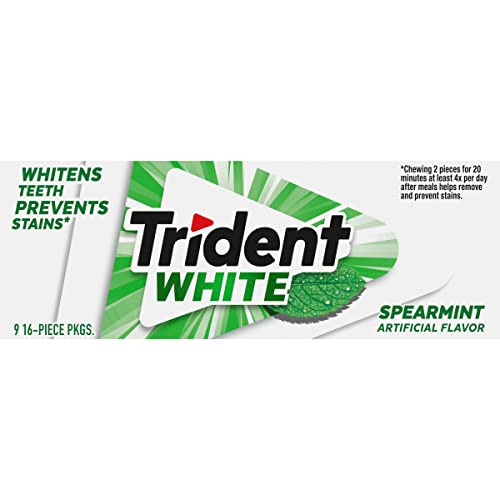 Trident White Spearmint Sugar Free Gum, 9 Pack of 16 Pieces (144 Total Pieces)