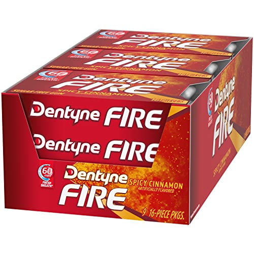 Dentyne Fire Spicy Cinnamon Sugar Free Gum, Pack of 9 (144 Total Pieces)