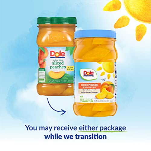 Dole Fruit Jars, Yellow Cling Sliced Peaches in 100% Fruit Juice, Gluten Free, Pantry Staples, 23.5 Oz Resealable Jars, (Pack of 8)