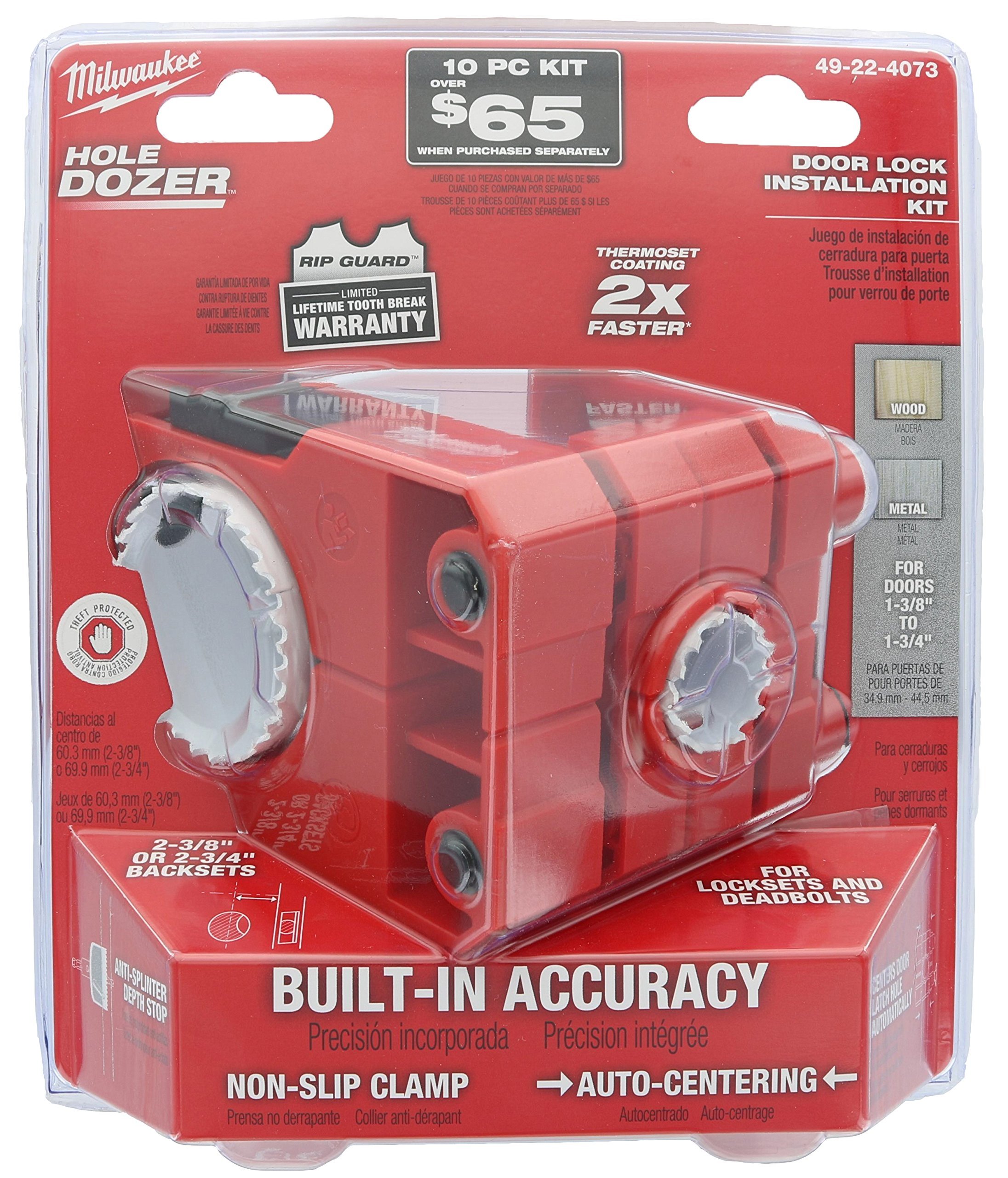 Milwaukee 49-22-4073 Polycarbonate 1-3/8" - 1-3/4" Door Lock and Deadbolt Installation Kit with Included Hole Saw, Auto-Centering Guide and Non-Slip Clamp (Drill / Driver Not Included)