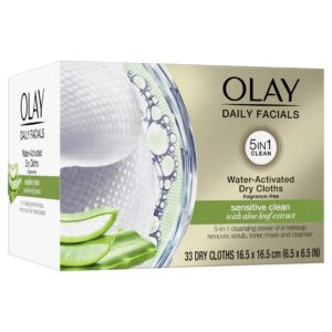 olay makeup remover wipes daily facials gentle clean 5-in-1 water activated cleansing cloths, 33 count (pack of 1)