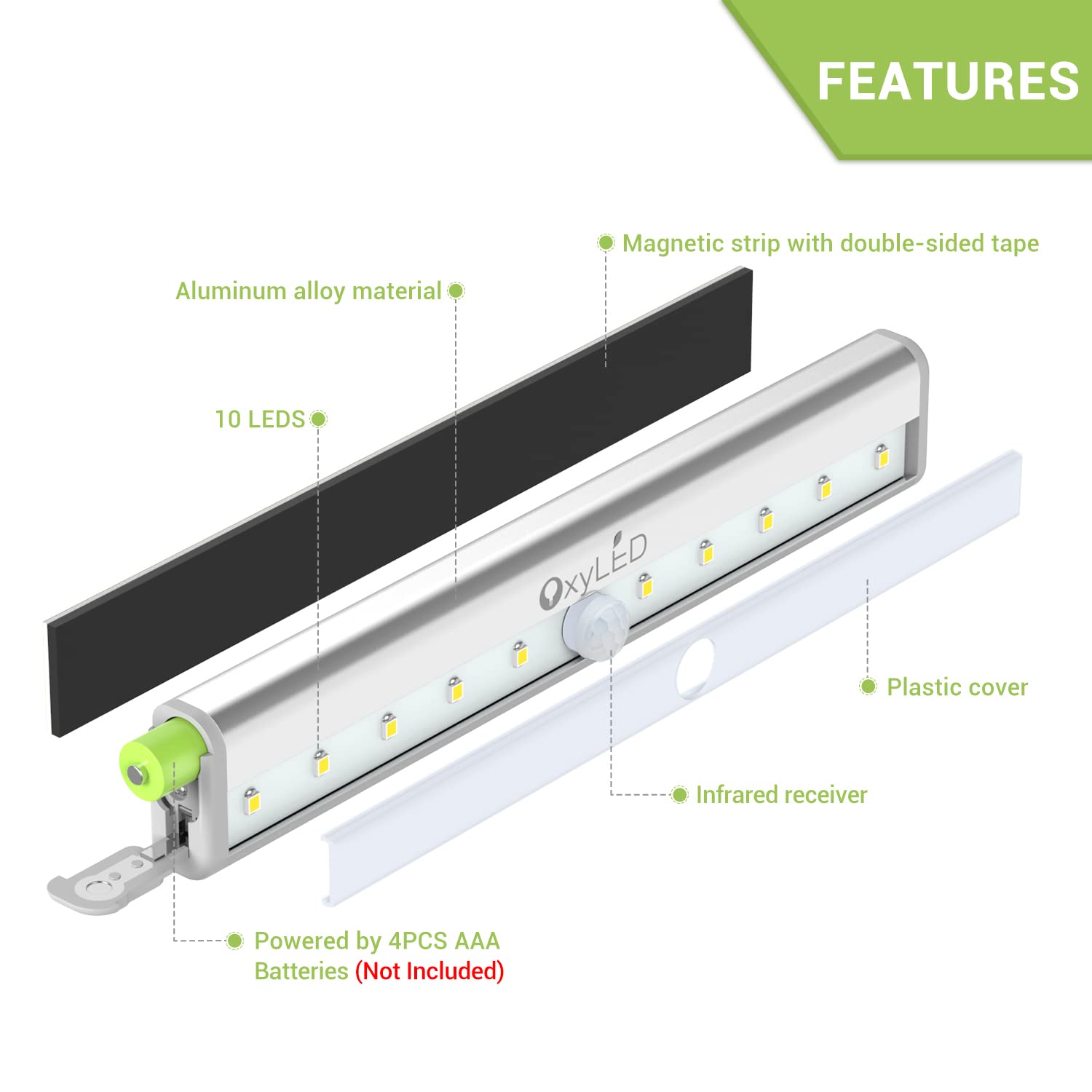 OxyLED Motion Sensor Closet Lights - Under Cabinet Lighting, Wireless Stick-on Anywhere Battery Operated 10 LED Motion Sensor Night Light, Safe Lights for Cabinet Wardrobe Stairs (1 Pack)