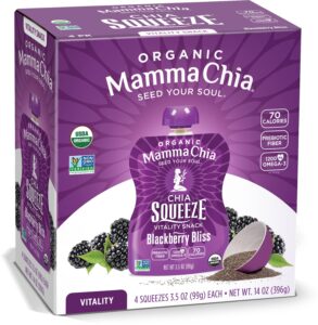 mamma chia organic vitality squeeze snack, blackberry bliss, 24- 3.5 ounce chia pouches. usda organic, non-gmo, vegan, gluten free, and kosher. fruit and vegetables with only 70 calories