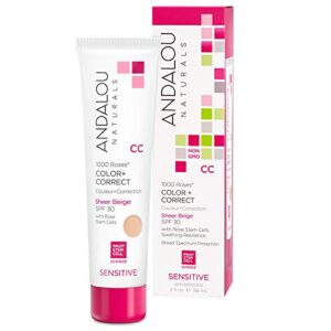 Andalou Naturals 1000 Roses CC Color + Correct with SPF 30, Sheer Beige, 2-in-1 Face Sunscreen + CC Cream for Sensitive Skin, Helps Correct Uneven Skin Tone, Reef Safe Sunscreen, 2 Fl Oz