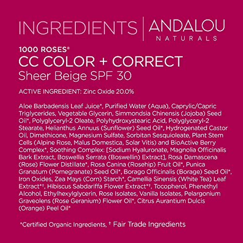 Andalou Naturals 1000 Roses CC Color + Correct with SPF 30, Sheer Beige, 2-in-1 Face Sunscreen + CC Cream for Sensitive Skin, Helps Correct Uneven Skin Tone, Reef Safe Sunscreen, 2 Fl Oz