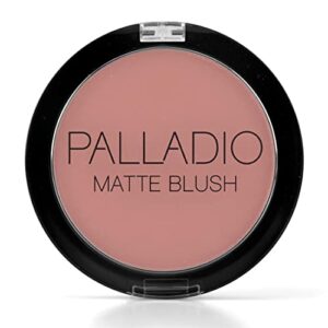 palladio matte blush, brushes onto cheeks smoothly, soft matte look and even finish, flawless velvety coverage, effortless blending makeup, flatters the face, convenient compact, peach ice