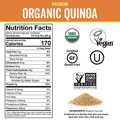 Viva Naturals Organic Quinoa, 4 lb - Plant Based Protein, Fiber and Iron - Pre-Washed Whole Grain Rice and Pasta Substitute for Quinoa Salad - USDA Organic, Gluten Free, Vegan, Non-GMO and Kosher