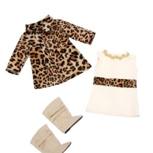 - Fashion Girl - 3 Piece 18 inch Doll Outfit - Cheetah Coat, Ivory Dress and Ivory Boots - (Doll Not Included)