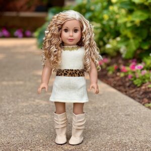 - Fashion Girl - 3 Piece 18 inch Doll Outfit - Cheetah Coat, Ivory Dress and Ivory Boots - (Doll Not Included)