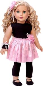 - showtime - 5 piece outfit - black unitard, pink tutu skirt, ballet slippers, corsage, hairpiece - clothes fits 18 inch doll (doll not included)