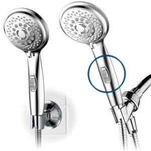hotelspa 7-setting aquacare series spiral handheld shower head luxury convenience package with pause switch, extra-long hose plus extra low-reach bracket stainless steel hose - all-chrome finish