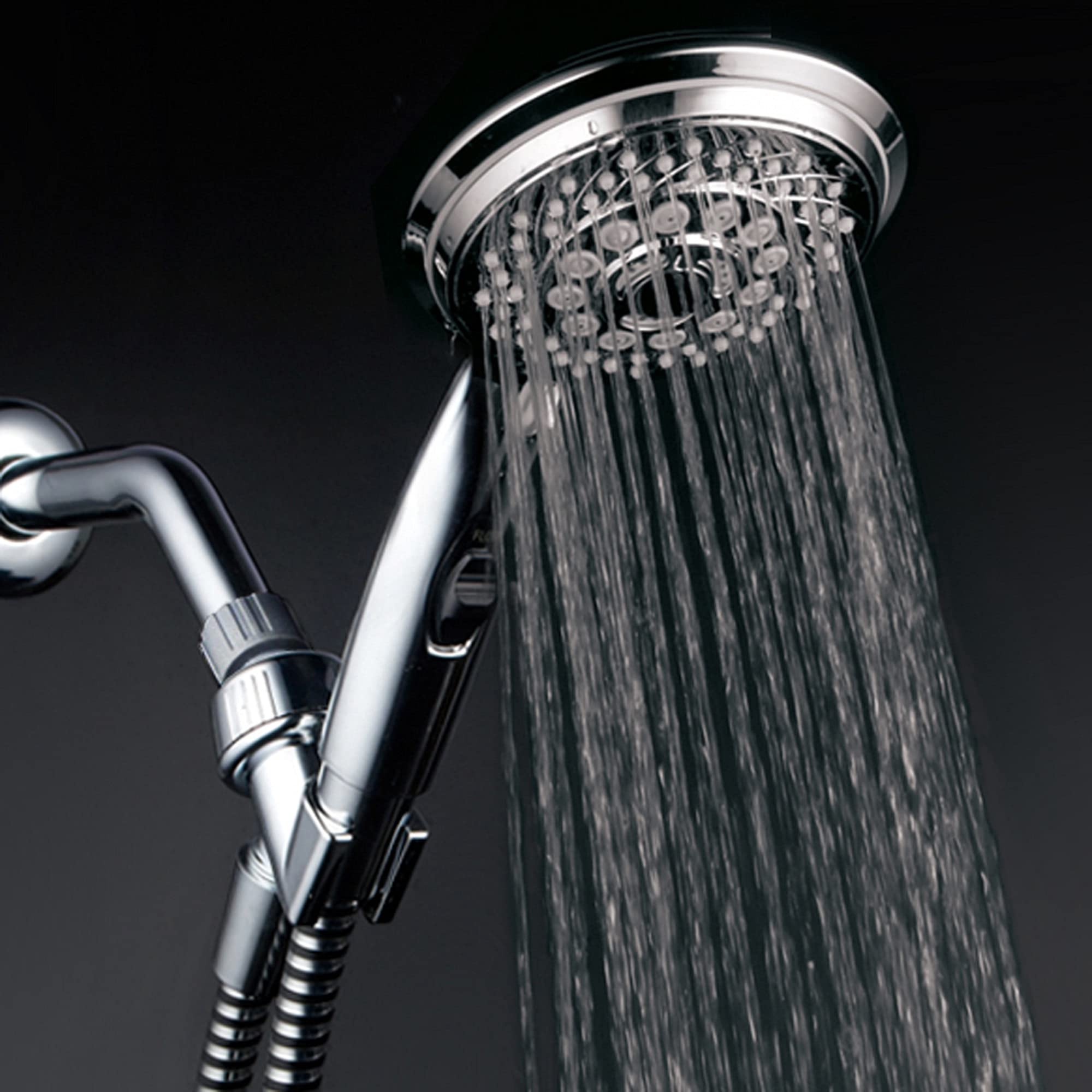 HotelSpa 7-setting AquaCare Series Spiral Handheld Shower Head Luxury Convenience Package with Pause Switch, Extra-long Hose PLUS Extra Low-Reach Bracket Stainless Steel Hose - All-Chrome Finish