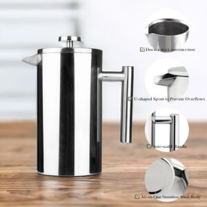 Highwin Small Stainless Steel French Press, 12-Ounce Dual-Filter Coffee Plunger Pot Brewer and Maker for Individual Serving, Silver