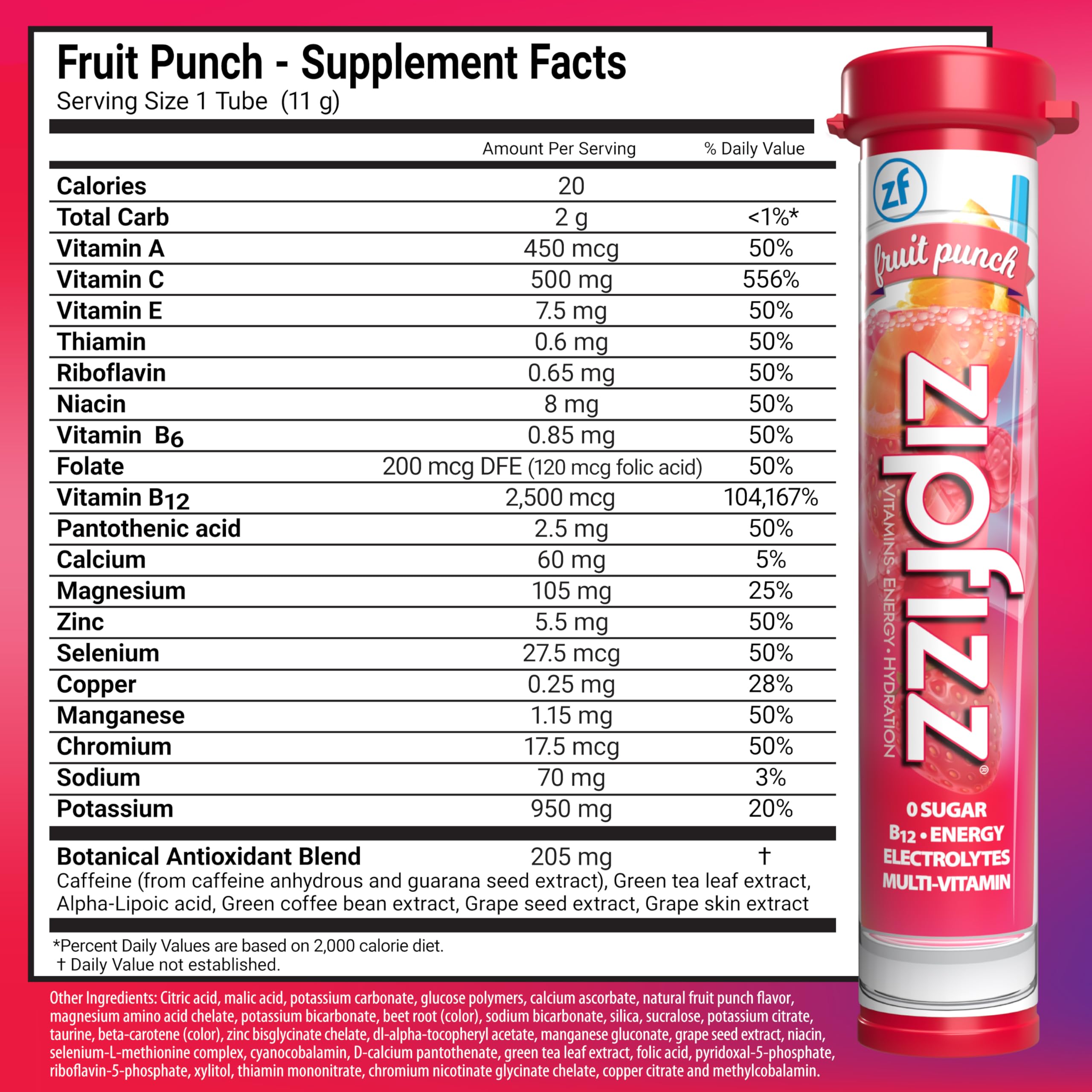 Zipfizz Energy Drink Mix, Electrolyte Hydration Powder with B12, Antioxidants, Electrolytes and Multi Vitamin, Fruit Punch (Pack of 20)