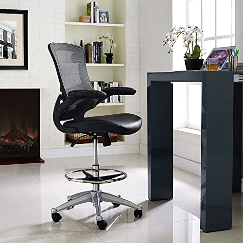 Modway Attainment Vinyl Drafting Chair - Drafting Stool With Flip-Up Arm in Black