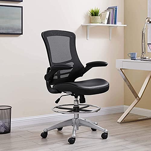 Modway Attainment Vinyl Drafting Chair - Drafting Stool With Flip-Up Arm in Black