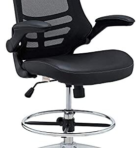 Modway Attainment Vinyl Drafting Chair - Drafting Stool With Flip-Up Arm in Black