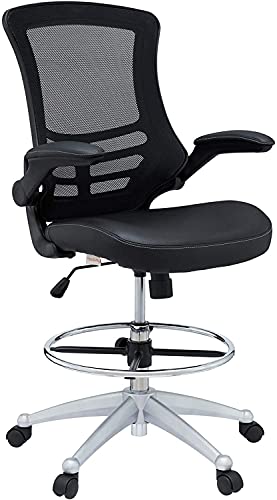 Modway Attainment Vinyl Drafting Chair - Drafting Stool With Flip-Up Arm in Black