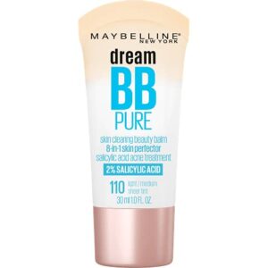 maybelline dream pure skin clearing bb cream, 8-in-1 skin perfecting beauty balm with 2% salicylic acid, sheer tint coverage, oil-free, light/medium, 1 count