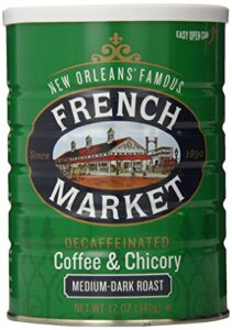 french market coffee & chicory decaffeinated medium-dark roast ground coffee, 12oz can (pack of 1)