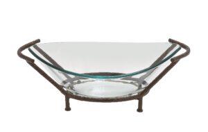 deco 79 tempered glass kitchen serving bowl with brown metal base, 26" x 10" x 9", clear
