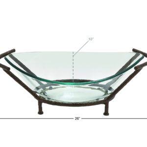 Deco 79 Tempered Glass Kitchen Serving Bowl with Brown Metal Base, 26" x 10" x 9", Clear