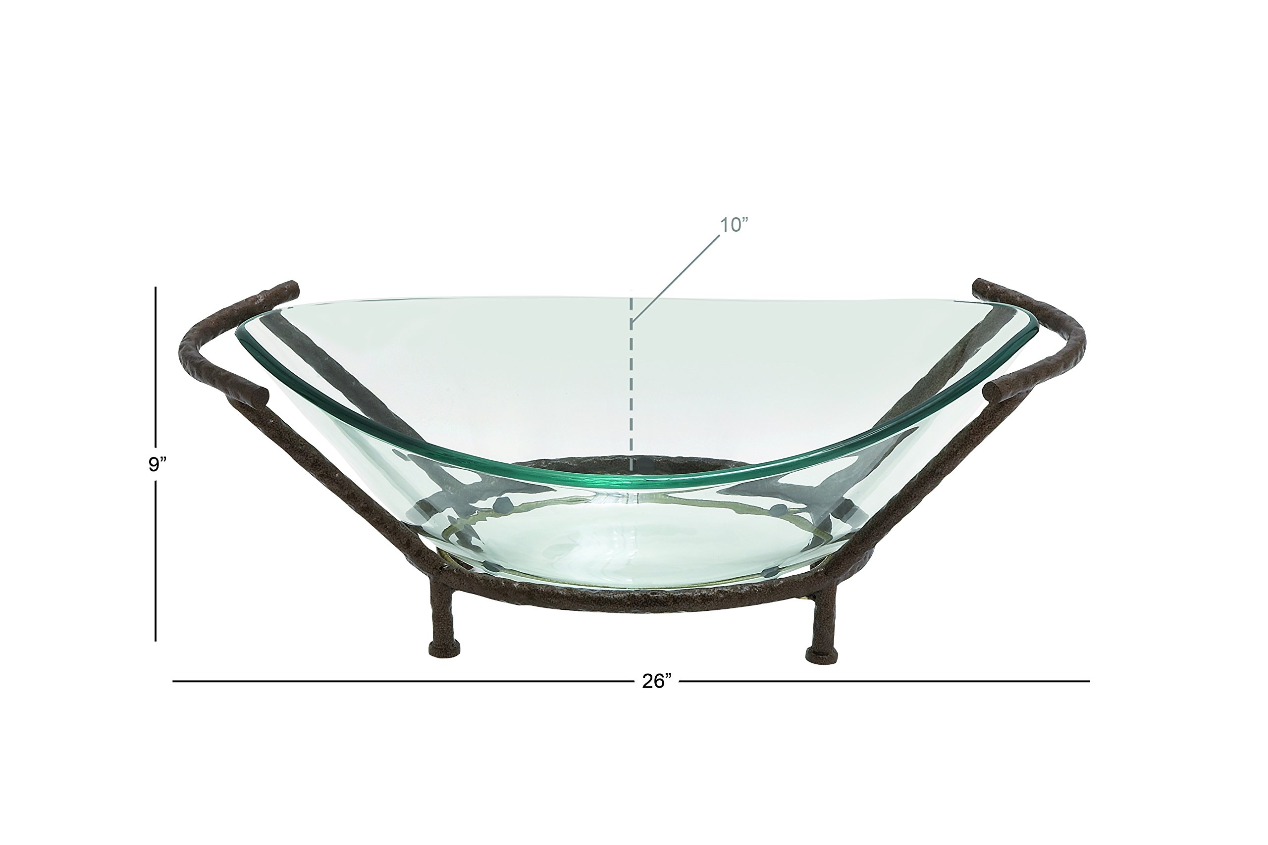 Deco 79 Tempered Glass Kitchen Serving Bowl with Brown Metal Base, 26" x 10" x 9", Clear