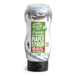 butternut mountain farm 100% pure organic maple syrup from vermont, grade a (prev. grade b), dark color, robust taste, all natural, easy squeeze, 12 fl oz