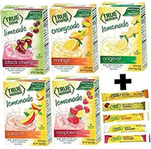 true lemon assorted beverage pack: (5boxes 10ct each) with 5 free bonus sticks of lemonade! true lemon original true peach lemonade, true black cherry limeade, true mango orange and true raspberry assorted true lemonade drink mixes.