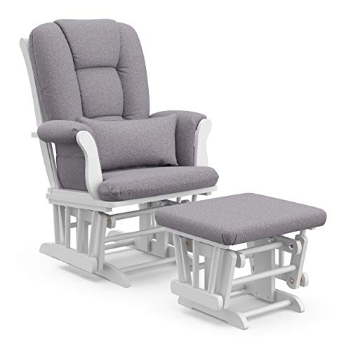 Storkcraft Tuscany Custom Glider and Ottoman with Free Lumbar Pillow (White/Slate Gray Swirl) - Cleanable Upholstered Comfort Rocking Nursery Chair with Ottoman