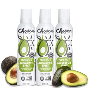 chosen foods 100% pure avocado oil spray, keto and paleo diet friendly, kosher cooking spray for baking, high-heat cooking and frying (6 oz, 3 pack)